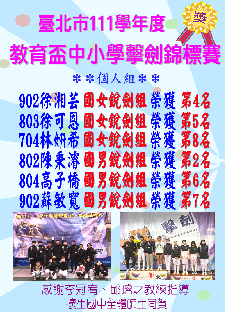 擊劍教育盃個人組獲獎賀榜海報