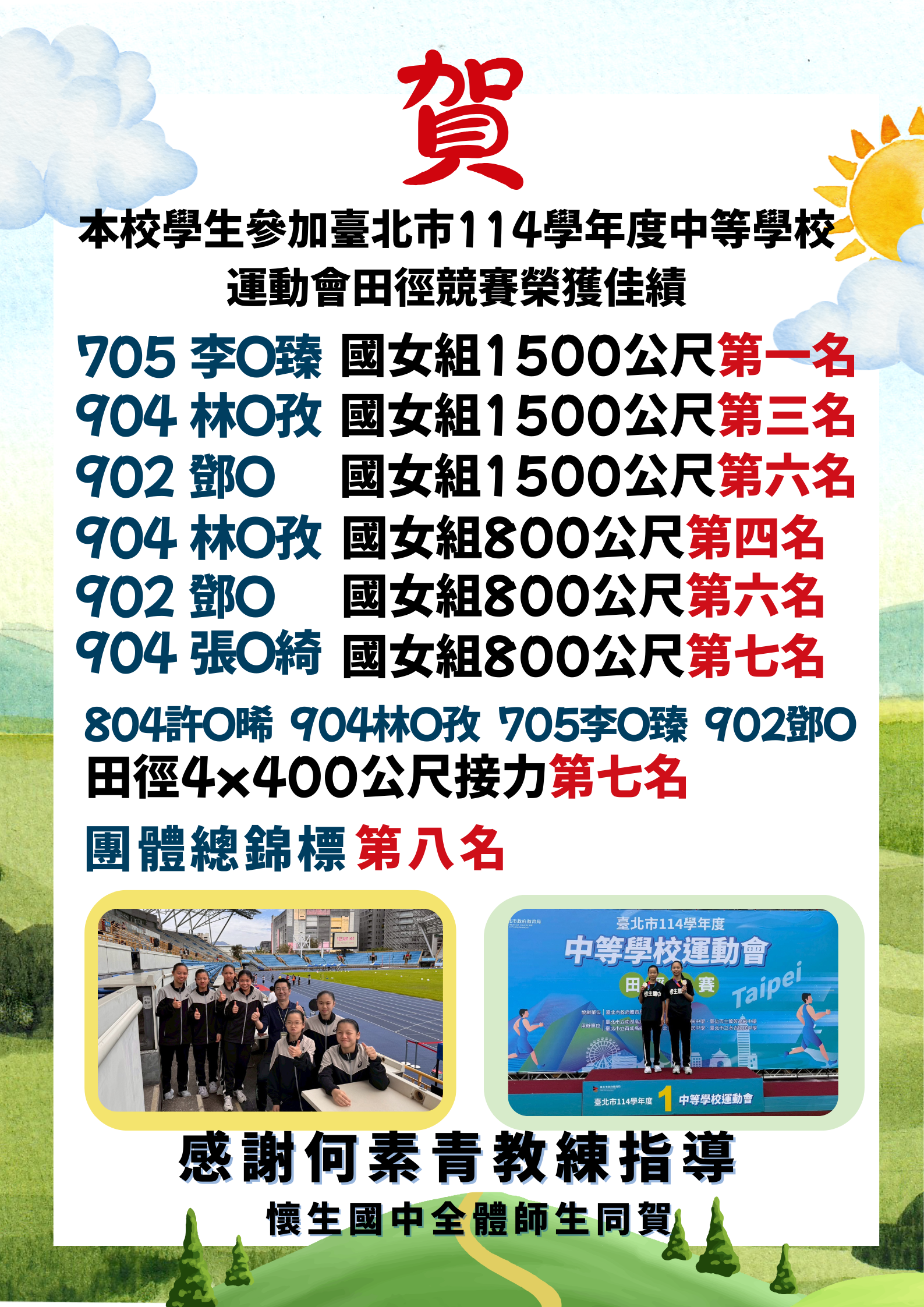賀！本校學生參加 『臺北市114學年度中等學校運動會』榮獲佳績！